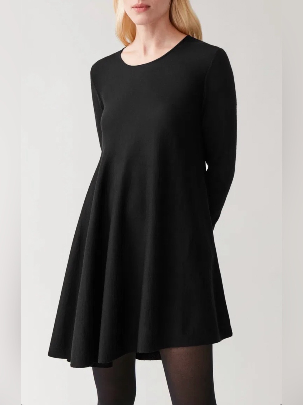 COS Asymmetric 100% Wool Pleated Knit Sweater Minimalist LBD Chic Swing Dress L